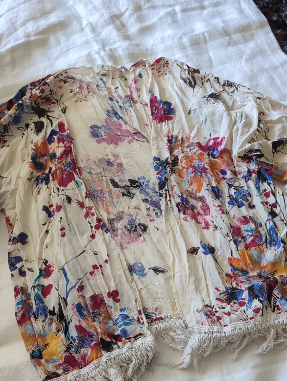 Umgee Floral Short Sleeve Kimono in Cream with Pink, Blue and Orange